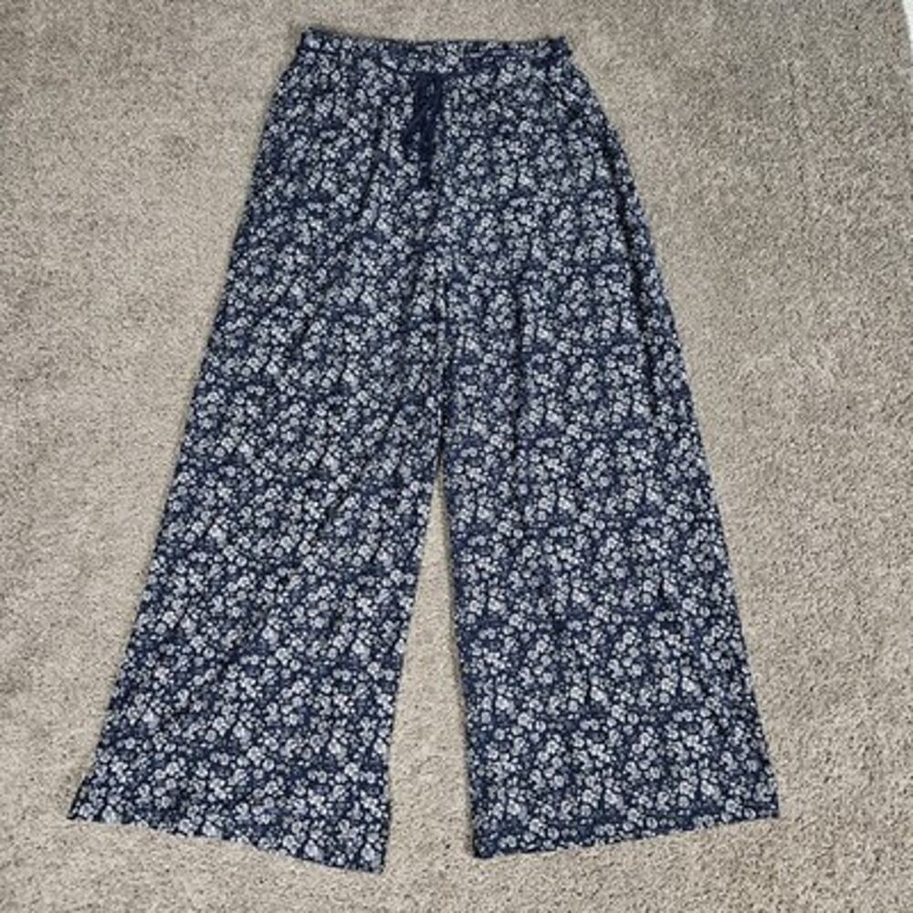 No Comment Wide Leg Pants Women's Large Blue Floral Boho Stretch Resortwear
